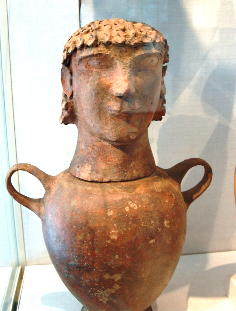 Etruscan burial urn with man's head. NY Met Museum 
