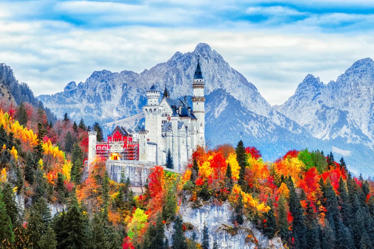 View of Neuschwanstein Castle in Bavaria, Germany in autumn