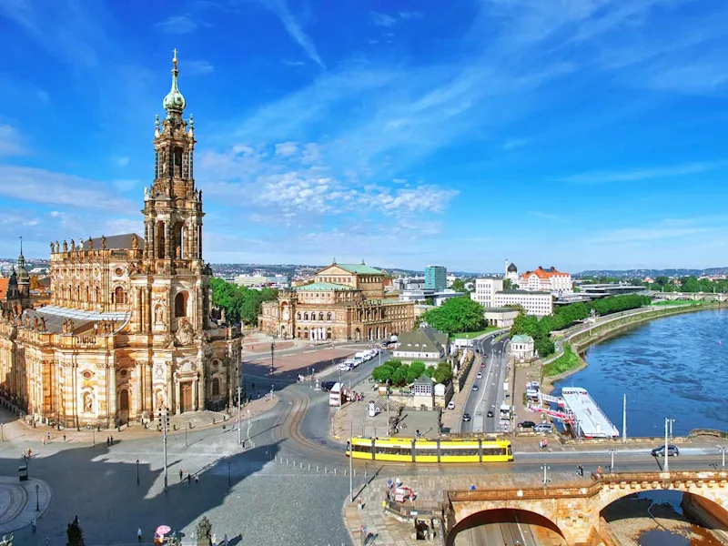 Old Town and of Katholische Hofkirche Opera Semperoper Dresden Germany. Fly view