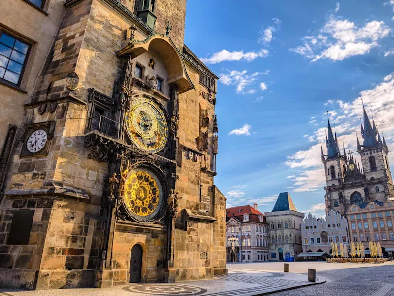 Prague Old Town Square Czech Republic sunrise city skyline at Astronomical Clock Tower