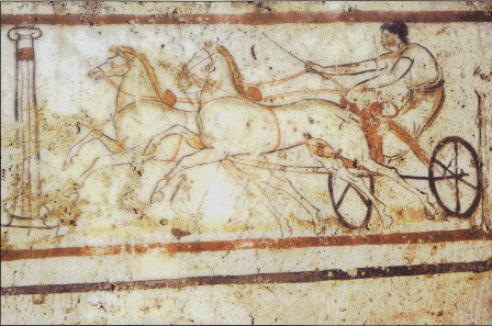 Etruscan tomb fresco Chariot Racing, Tarquinia, Italy 